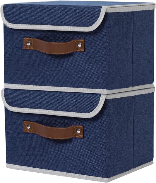 ANMINY 2PCS Storage Bin with Lid Storage Boxes with PU Leather Handles PP Plastic Board Decorative Foldable Lidded Cotton Linen Fabric Home Cubes Baskets Closet Organizer Container - Blue, Medium by ANMINY