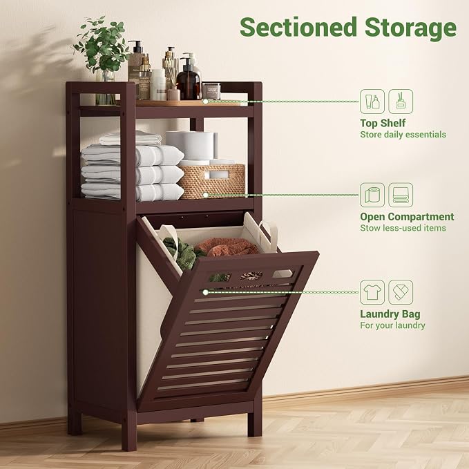 Homykic Tilt Out Laundry Hamper Cabinet, 10 Gal Bamboo Laundry Cabinet with Removable Basket, Hidden Hamper Organizer with Shelf for Dirty Clothes, Bathroom, Laundry Room, Space Saving, Espresso - Image 6