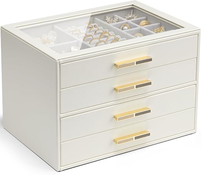VLANDO 4 Layer Jewelry Box for Women, Glass Lid Jewelry Organizer with 4 Drawers for Necklaces Rings Earrings Bracelets - Cloud White by VLANDO