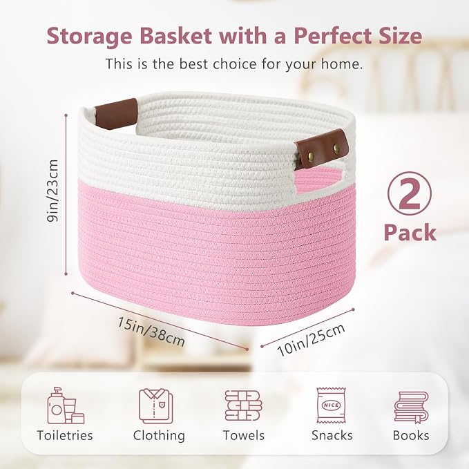 ECDYQXVU Cotton Rope Basket, Storage Baskets with Handle, 15x10x9 Inch Woven Basket for Shelves, Laundry, Towels, Clothes, Books (White/Pink 2Pack) - Image 2