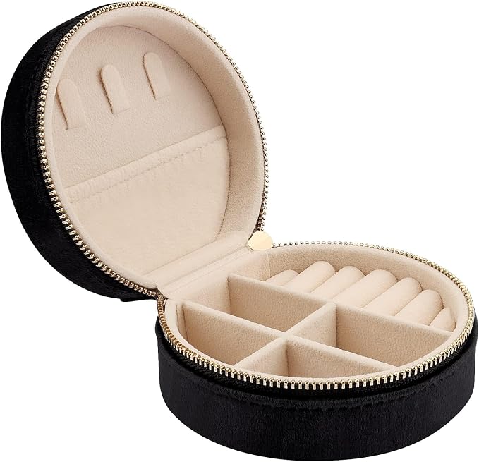 DesignSter Travel Jewelry Box - Velvet Mini Jewelry Organizer, Small Jewelry Case for Girls Women, Jewelry Storage Box for Rings Earrings Necklace (Circular, Black) by DesignSter