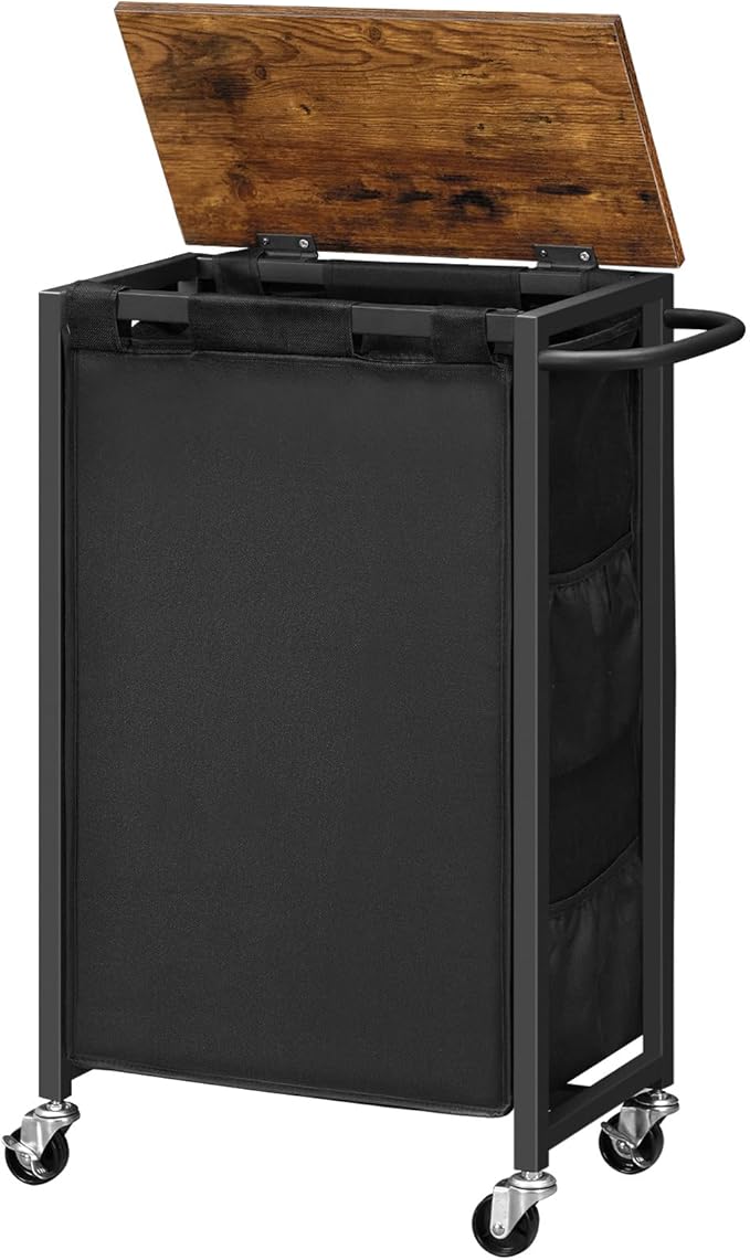 HOOBRO Slim Laundry Hamper with Lid, 11Gal Rolling Laundry Basket with Wheels, Laundry Sorter with Side Pockets and Handle, Oxford Fabric Bag, Space-Saving, Rustic Brown and Black BF24XY01G2 by HOOBRO