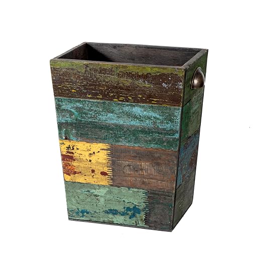TIMRIS Small Wood Trash Can Wastebasket, Farmhouse Rectangular Garbage Can Waste Basket, Rustic Distressed Boho Wooden Trash Recycling Bin with Metal Handles, Reclaimed Wood Storage Basket (Random) by TIMRIS