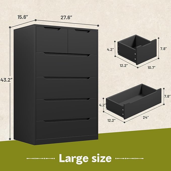 Romorgniz Dresser for Bedrom with 6 Large Drawers, Tall Chest of Drawers Modern Wooden Dresser for Living Room, Entryway, Hallway, Black, 43.2" H X 27.6" W X15.6 D