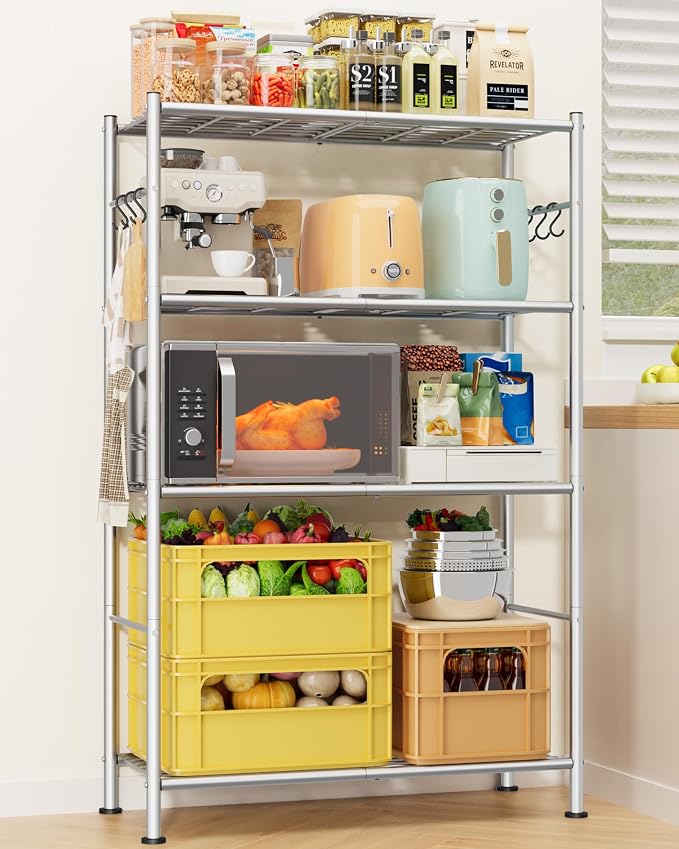 Sakugi Storage Shelves - 4-Tier Spacious Shelf Organizer with Hooks & Leveling Feet, Easy to Assemble, Rust-Resistant Garage Shelving for Kitchen, Pantry, Bedroom, 33.2" x 12.7" x 57.3", Sliver - Image 2