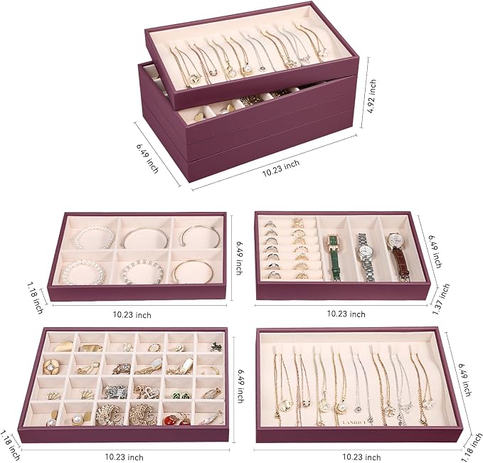 LANDICI Stackable Jewelry Organizer Trays 4 Set,PU Leather Jewelry Organizer Drawer,Jewelry Storage Display Tray for Earring Necklace Rings Bracelet with Removable Dividers,Purple - Image 4