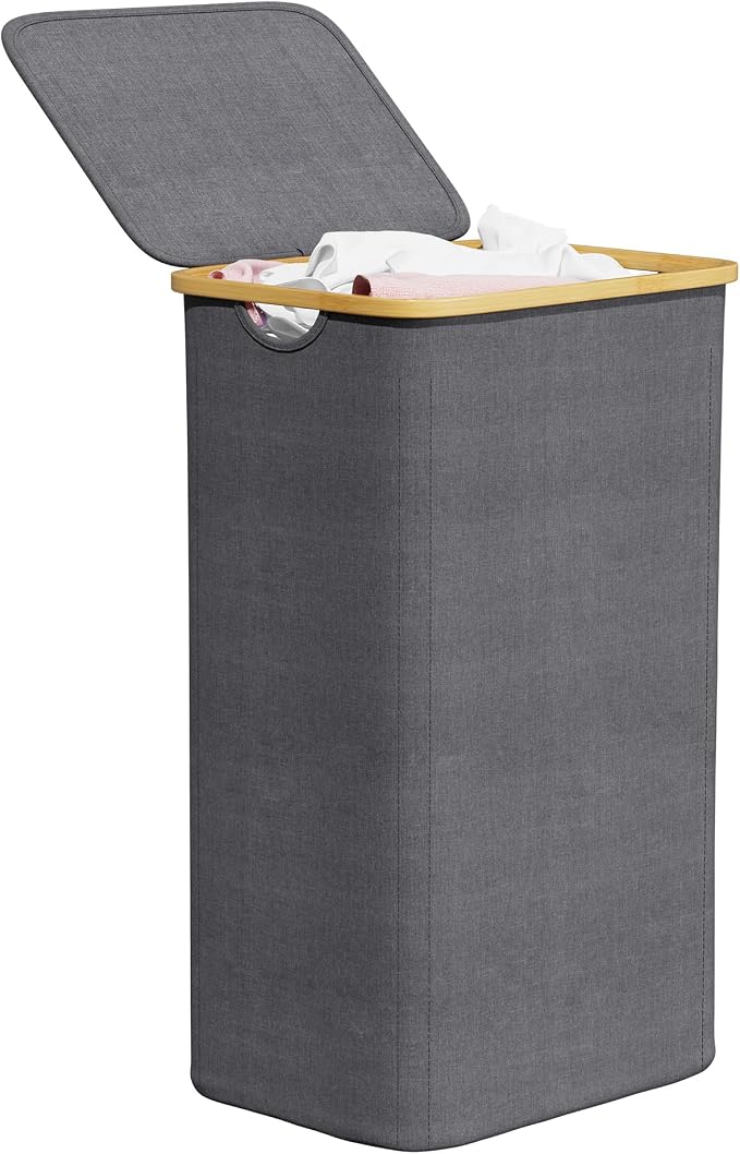SpaceAid Laundry Hamper with Lid, 110L Large Tall Clothes Basket Bin with Bamboo Handles, Collapsible Laundry Hamper for Bedroom, Bathroom, Dorm, Laundry Room - Grey by SpaceAid