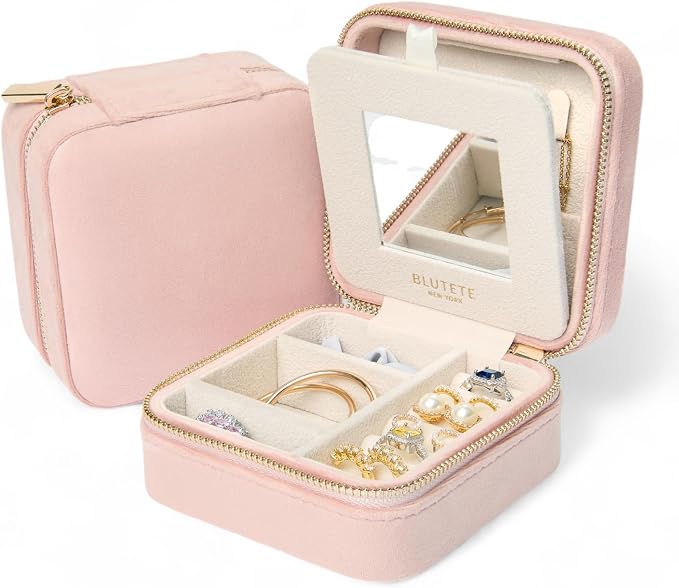 BLUTETE Travel Jewelry Box Organizer Velvet Travel Case With Mirror Ring Earrings Necklaces Storage Organizer Box (Blush) by BLUTETE