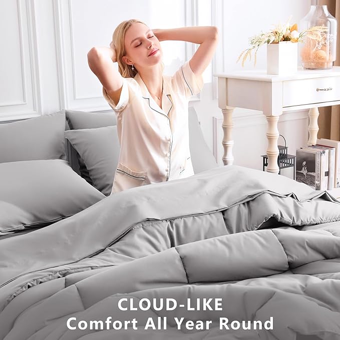 CozyLux Queen Comforter Set French Grey, 7 Pieces Bed in a Bag, Gray Comforters Queen Size, All Season Bedding Sets with Stitch Quilted Comforter, Flat Sheet, Fitted Sheet, Pillowcases