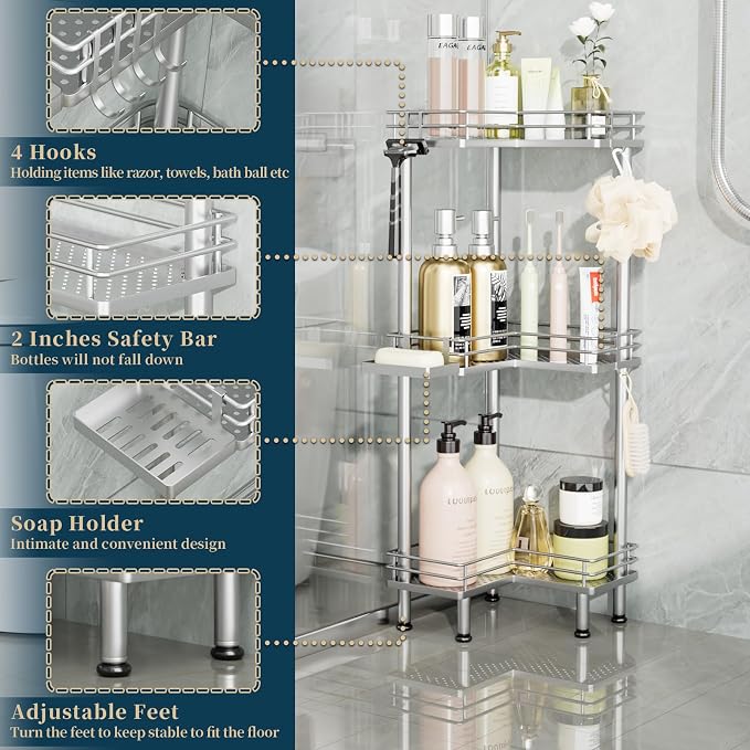 Consumest Corner Shower Caddy Standing - 3-Tier Stainless Steel Shower Organizer with Soap Holder and 4 Hooks, Large Capacity Corner Shelf Stand for Bathroom, Rest Room, Silver - Image 3