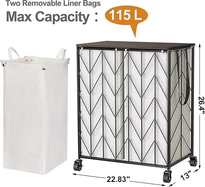 WOWLIVE Laundry Basket with Wheels, Heavy Duty Laundry Hamper with Wood Lid, Clothes Hamper with Divided Removable Liner Bag, Large Capacity Iron-Made Laundry Sorter Laundry Room Organization (Beige) - Image 3