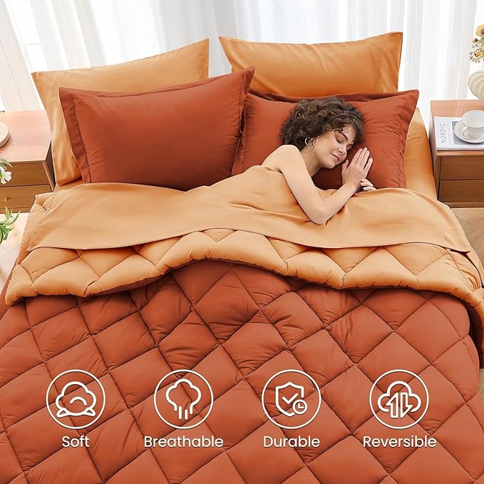 MUXHOMO 7 Pieces King Comforter Set, Reversible Bed in a Bag King Size, All Season Bedding Set with Comforter, Flat Sheet, Fitted Sheet, Pillowcases & Shams, Burnt Orange & Camel