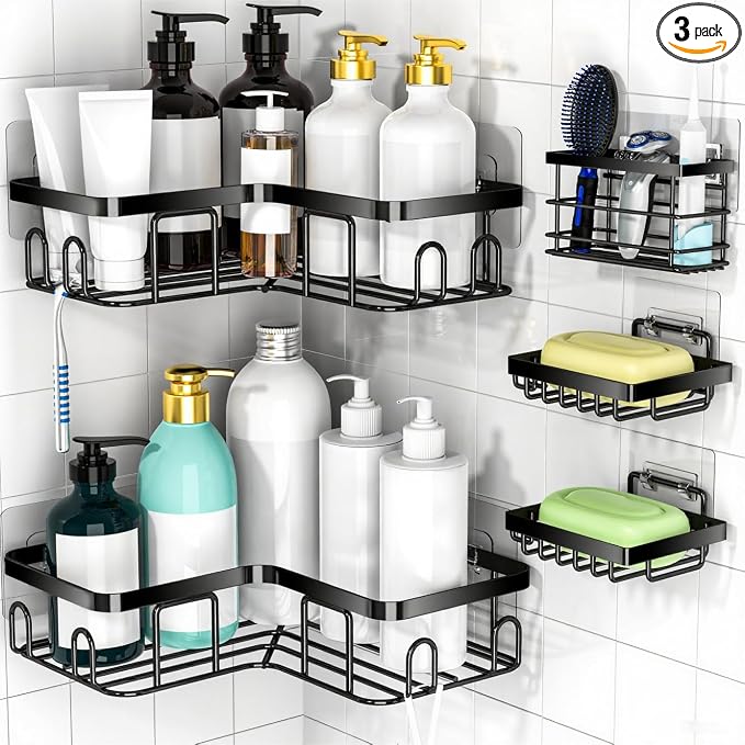 Moforoco 5-Pack Shower Caddy, L-Shaped, 10.2in Diameter, 90-Degree Right Angle, Rustproof, Easy Installation, 12 Hooks, Soap Holder, Adhesive Corner Shower Organizer, Black by MOFOROCO
