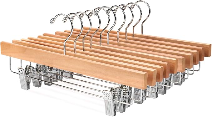 Nature Smile Solid Lotus Wood Deluxe Wooden Pants Hangers Bottom Hanger Jeans Hanger Skirt Hanger with 2-Adjustable Clips Anti-Rust Hook Pack of 10 (Natural) by NatureSmile