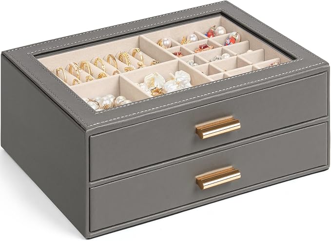 AKOZLIN Jewelry Box with Clear Lid Functional Leather Jewelry Storage Organizer Case 2 Drawers for Women Girls Necklace Ring Bracelet Earring by AKOZLIN
