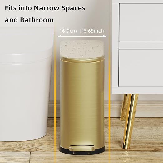 KSSKSS 2.6 Gallon Slim Bathroom Trash Can with Soft Close Foot Pedal, 10L Stainless Steel Garbage Can with Removable Liner Bucket, for Narrow Spaces, Bedroom, Gold - Image 2