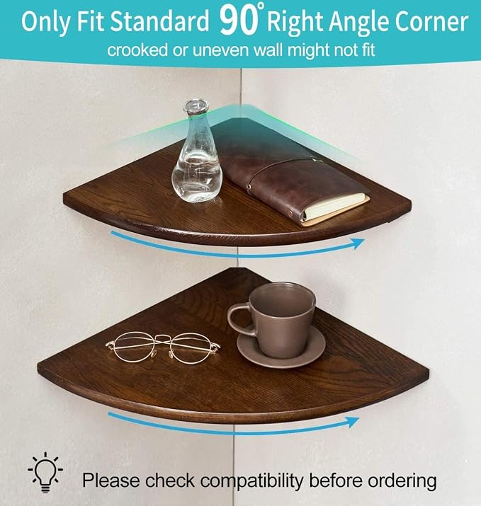 Corner Shelves, Floating Corner Shelf, Set of 2 Solid Oak Wood Wall Shelves, Round End Wall Mount with Wire Hole Shelving for Small Plant for Bedroom Kitchen, Living Room Walnut 8.7” - Image 3
