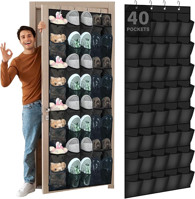 Windyun 40 Over the Door Shoe Organizer Large Breathable Mesh Pockets Hanging Shoe Rack for Closet Black Behind Door Hanger Storage Holder Nonslip Hooks for Women Men Entryway Bedroom Utility Room by Windyun