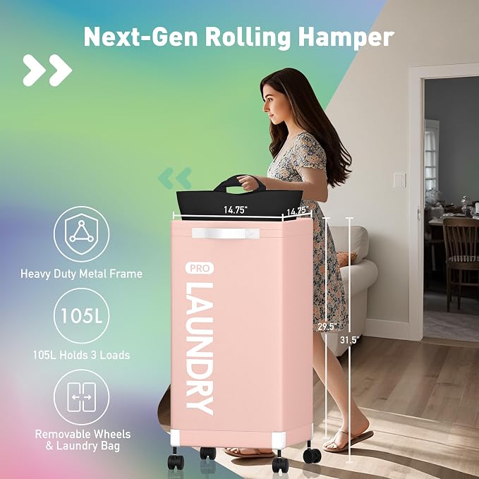 Caroeas Next-Gen 105L Matel Frame Laundry Basket with wheels, Heavy Duty Tall Rolling Laundry Hamper with Removable Wash Bag, Collapsible Freestanding Clothes Hamper For Laundry Room (105L,Pink,2Pack) - Image 2