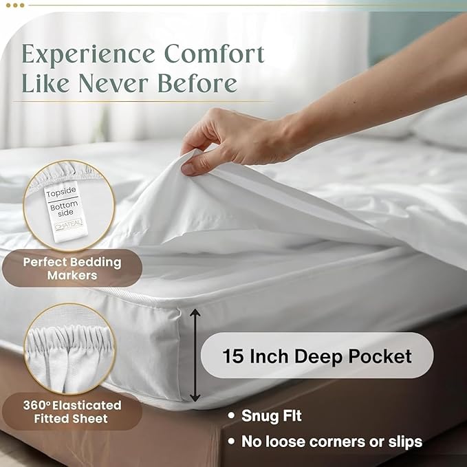 800 Thread Count Queen Sheet Set,100% Egyptian Cotton Sheets Queen Size Bed Set, Silky Sateen Weave White Sheets, Ultra-Soft Durable Hotel Luxury Bed Sheets with 15" Snug Fit Deep Pockets-White