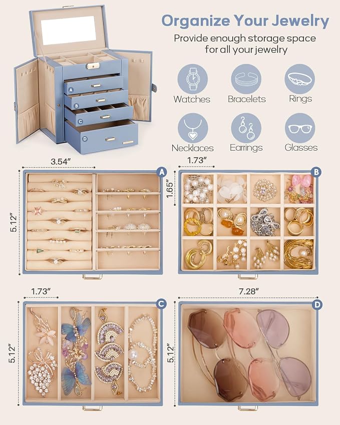 Homde Synthetic Leather Huge Jewelry Box Mirrored Watch Organizer Necklace Ring Earring Storage Lockable Gift Case (Grey Blue + Gold) - Image 3