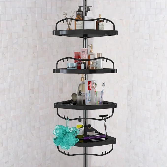Shower Caddy,Shower Caddy Tension Pole with 4 ABS Baskets,Shower Storage Shelf with 56 to 125 Inch Adjustable Stainless Pole for Bathroom Black by Sempicad