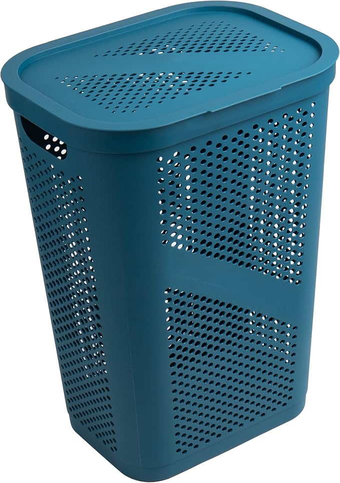Mind Reader 60L Slim Laundry Hamper, Clothes Basket, Lid, Ventilated, Plastic, Set of 2, Blue - Image 6