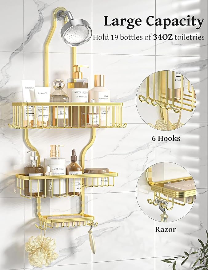 YASONIC Never-Rust Aluminum Hanging Shower Caddy – Over-the-Showerhead Organizer with 10 Hooks for Razor and Sponge – Includes Soap Basket – Gold - Image 2
