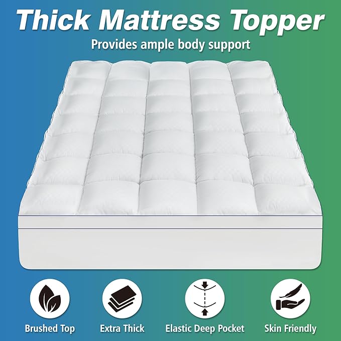 Queen Mattress Topper, Extra Thick Pillow Top Mattress Pad Cover for Back Pain, 6-21 Inches Deep Pocket, 60x80 Inches, White