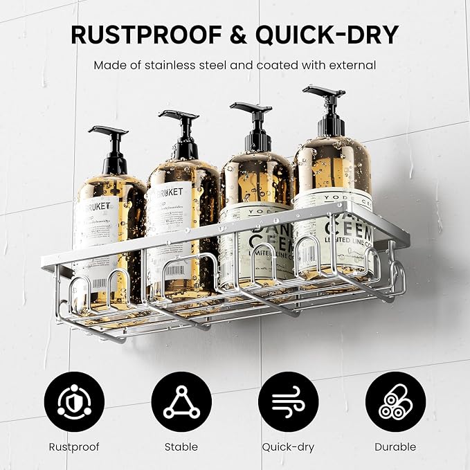 Shower Caddy, 3 Pack Shower Shelves for Inside Bathroom, Rustproof Adhesive Bathroom Organizer with Soap Holder, No Drilling Washroom Organizers and Storage for Tub Room/Kitchen/Home, Silver - Image 3