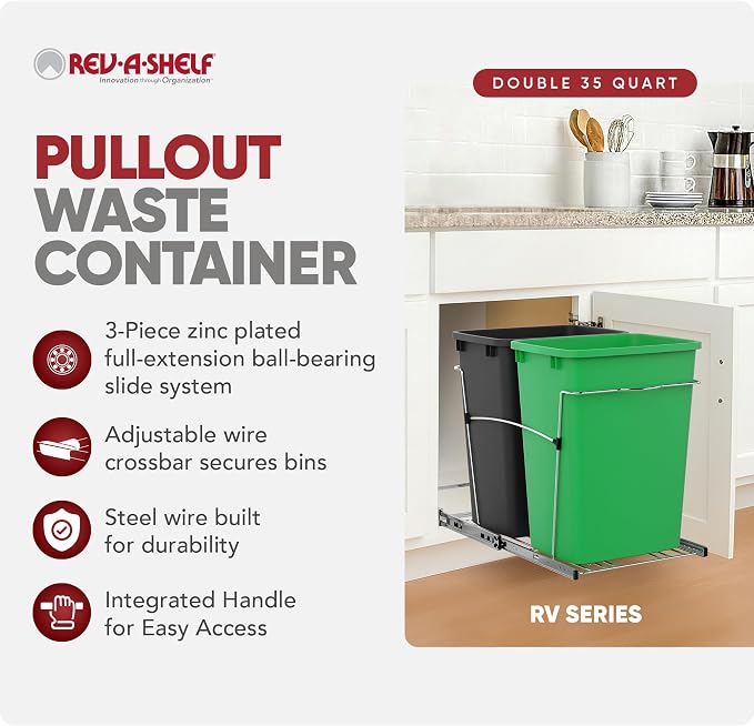 Rev-A-Shelf RV-18KD-1918C-S Double Pullout Trash Can for Kitchen Cabinets 35 Quart Garbage Recycling Bin Container on Full Slides, Green/Black - Image 2