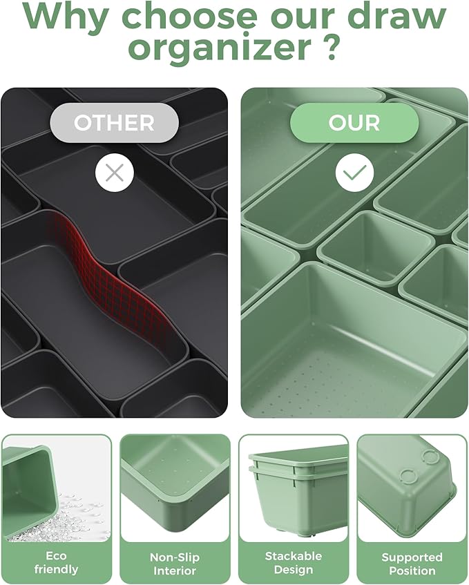 BiuLeon 25 PCS Plastic Drawer Organizers Set, 4-Sizes Vanity and Makeup Organizer, Desk and bathroom Drawer Organizer Trays, Organizers and Storage for Makeup, Jewelry, Gadgets, Utensils (Green) - Image 5