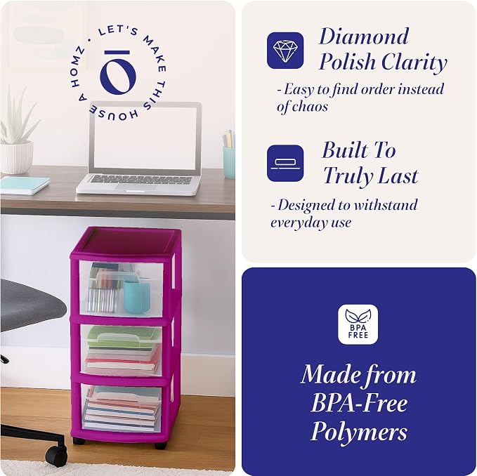 HOMZ Drawer Tower, 3-Tier Clear Plastic Storage Organizer Cart, Purple Frame - Rolling Drawer Containers with Wheels for Bathroom, Bedroom, Office, and Classroom Organization - Image 5