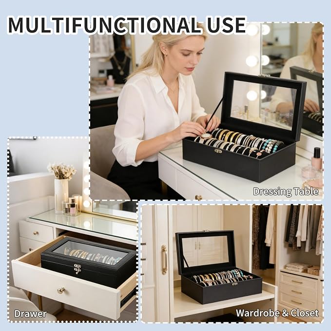 AUTOARK Bracelet & Watch Storage Box with Glass Lid & 2 Anti-Roll Rods,PU Leather Jewelry Case,Soft Lined Locking Organizer for Women,Gift for Dresser & Cabinet Display,Black,MKAW145 - Image 7