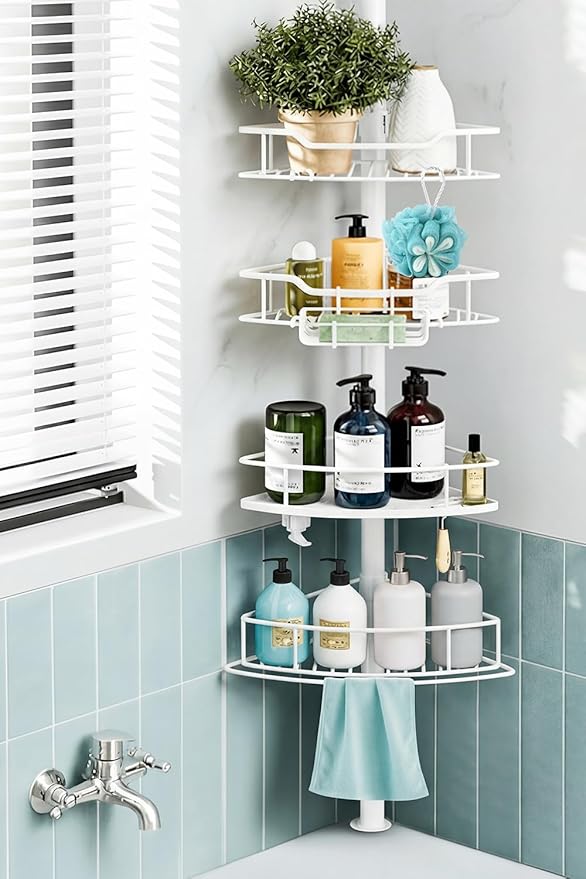 Corner Shower Caddy Tension Pole, 4 Tier Rustproof Shower Tension Rod Organizer, Adjustable 25-125 Inch Bathroom Shower Organizer Shelves for Bathtub Shampoo Storage, White by Dimyno