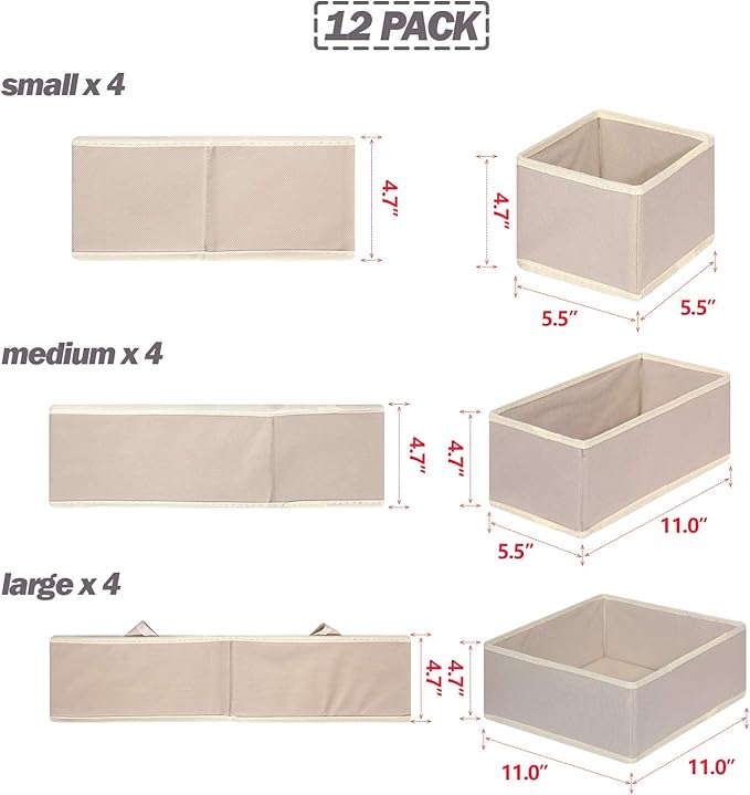 DIOMMELL 12 Pack Foldable Cloth Storage Box Closet Dresser Drawer Organizer Fabric Baskets Bins Containers Divider for Clothes Underwear Bras Socks Lingerie Clothing, Beige 444 - Image 2