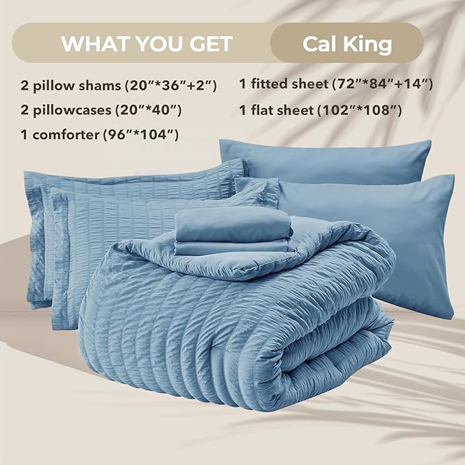 HYMOKEGE Mineral Blue California King Comforter Set Seersucker 7 Pieces, All Season Luxury Bed in a Bag for Bedroom, Bedding Set with Comforter, Sheets, Pillowcases & Shams