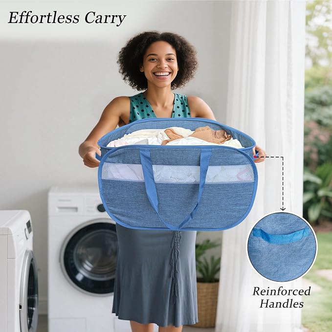 100L Mesh Pop Up Laundry Hampers with Handles, Extra Large Collapsible Laundry Baskets 2 Pack, Portable Travel Laundry Basket, Dirty Clothes Hamper Light Breathable, Bule. 2H - Image 6