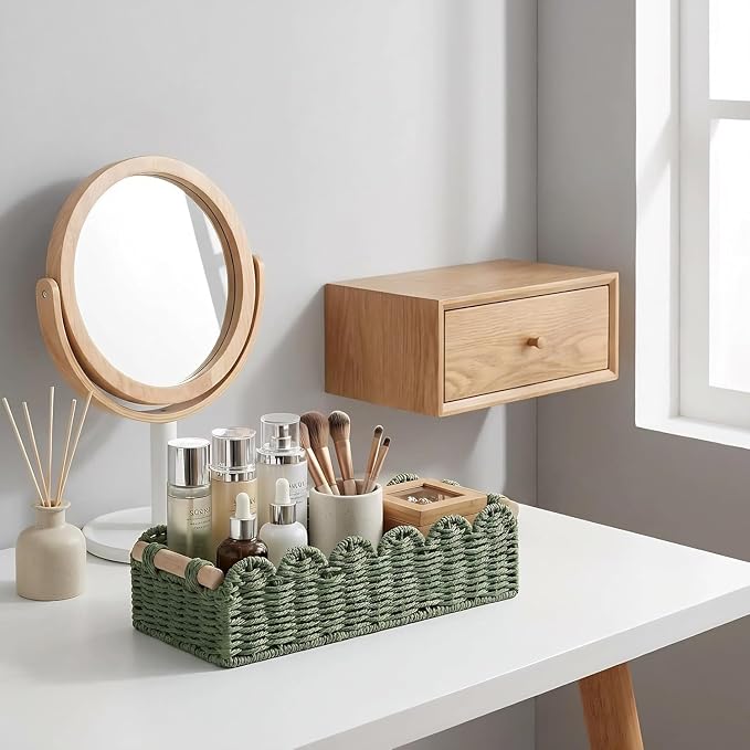 CubesLand Scalloped Edge Decor Baskets for Home, Living Room, Toilet Paper Storage Basket for Over Toilet Shelf, End Table,Shelves and More, Small Paper Rope Baskets Both Storage&Decor, Set 2 Green - Image 6