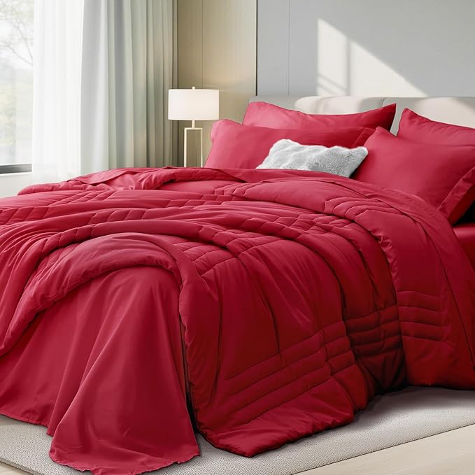 Full Comforter Set Red - Bed in a Bag Full Size 7 Pieces, Soft Bedding Set for All Seasons, Premium Comforter Set with Comforter, Sheets, Pillowcases & Shams