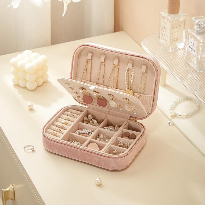 CASEGRACE Plush Velvet Travel Jewelry Box, Portable Jewelry Case for Women Girls, Double Layer Jewelry Organizer Display Box for Necklace Earring Rings Bracelet, Travel Accessory Gifts, Pink - Image 6