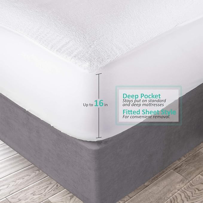 Nestl Premium Cotton Terry Mattress Protector – Soft and Waterproof King Deep Pocket Mattress Protector – Breathable Cover, Fits Up to 24 Inch White