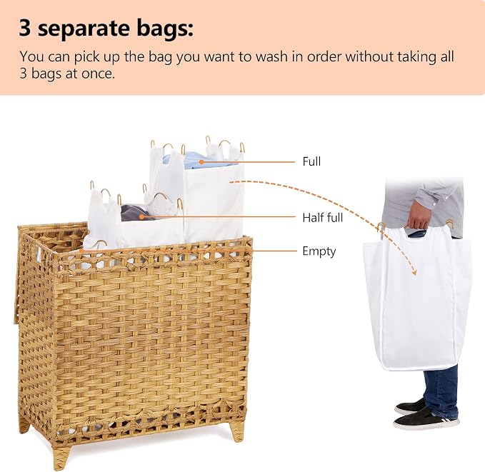 Laundry Hamper with 3 Removable Liner Bags; 132L Handwoven Rattan Laundry Basket with Lid & Heightened Feet; Clothes Hamper with Side Handles; Laundry Sorter with 3 Separate Sections - Image 3
