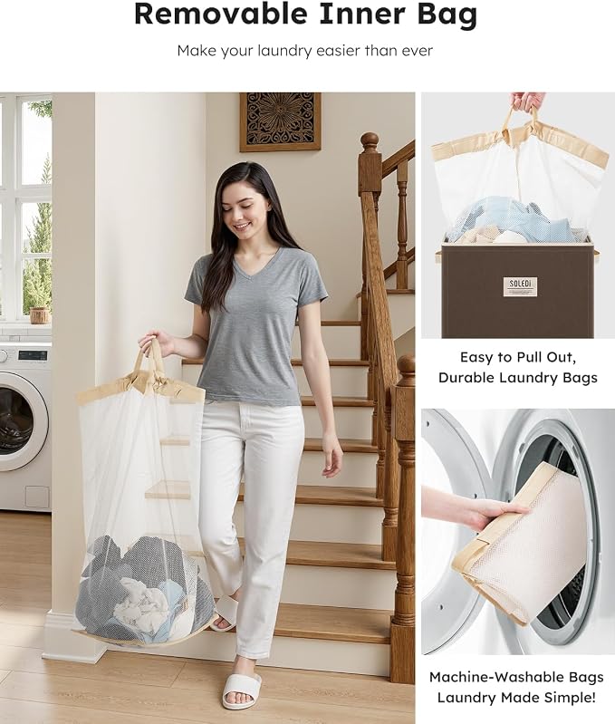 SOLEDI Laundry Hamper with Lid 100L Large & Tall Collapsible Laundry Basket, Clothes Hamper with Bag Removable Easy to Carry, Dirty Hampers for Bedroom, Bathroom, Dorm, College, Chocolate - Image 5