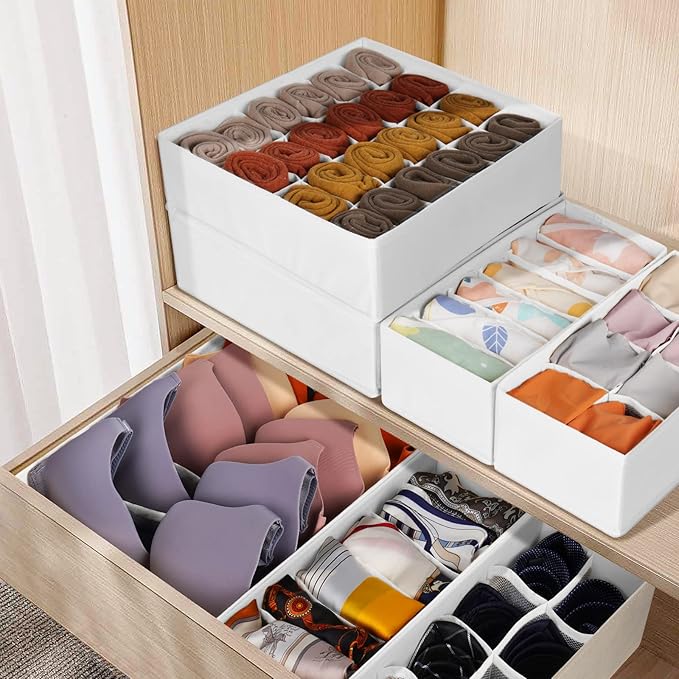 6 Pack Sock Underwear Drawer Organizer Dividers, 58 Cell Foldable Fabric Dresser Closet Organizers and Storage Bins for Clothing, Baby Clothes, Bra, Panty, Scarf, Ties (White) - Image 6