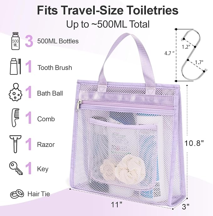 F-color Mesh Shower Caddy Portable Hanging - 3 Pockets Small Shower Bag Tote for Camping, Gym, Travel, Toiletry, Quick Dry Bathroom Essentials with S Hook, Purple - Image 3