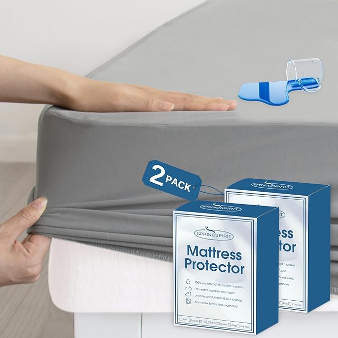2 Pack Twin Mattress Protector Waterproof, Twin Size Mattress Pad Cover for Kids, Soft & Breathable Twin Fitted Bed Sheet for Single Bed with Deep Pocket Up to 14 Inches, Gray