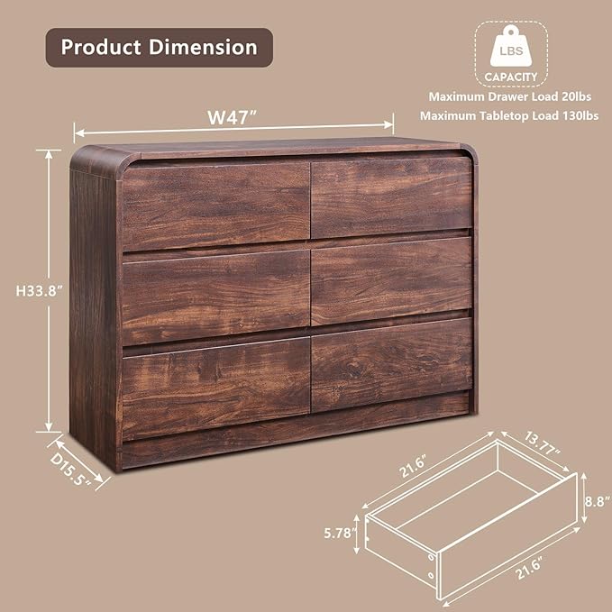 Aitjunz Modern 6 Drawers Dresser for Bedroom, 47" Wide Wood Dressers & Chests of Drawers w/Curved Profile Design, Mid Century Modern Dresser w/Natural Texture for Bedroom, Living Room, Brown