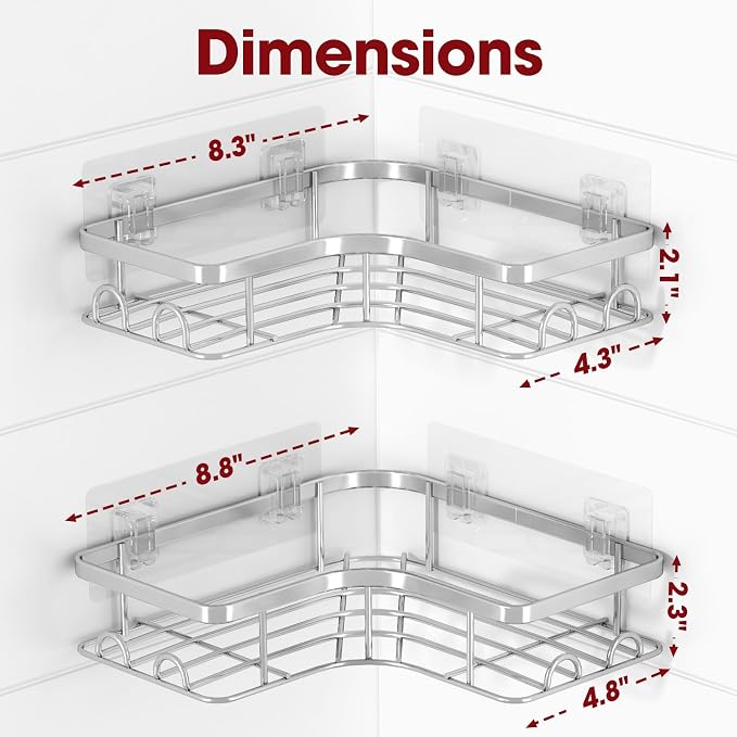 Sakugi Corner Shower Caddy - 2 Pack, Adhesive Shower Organizers, Rustproof Stainless Steel Shower Shelves with 8 Hooks, No Drilling Bathroom Organizers and Storage Racks, Space-Saving, Silver, Large - Image 2