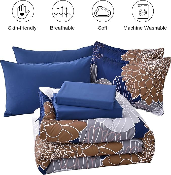 Yiran 7 Pieces Floral Comforter Bedding Sets Bed in a Bag Navy Brown Soft Microfiber Comforter Set with Comforter, Sheets, Pillowcases & Shams King Size 104"×90"